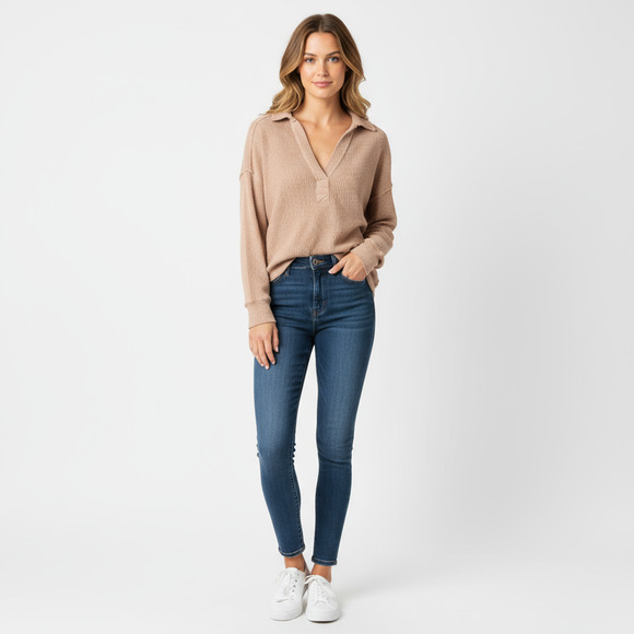 Aerie Waffle Knit Womens Small Tan Long Sleeve V-Neck Relaxed Fit Thermal Top - Picture 1 of 9